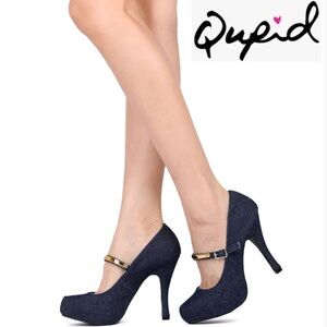 Qupid Denim Platform Metallic Mary Jane Stilettos